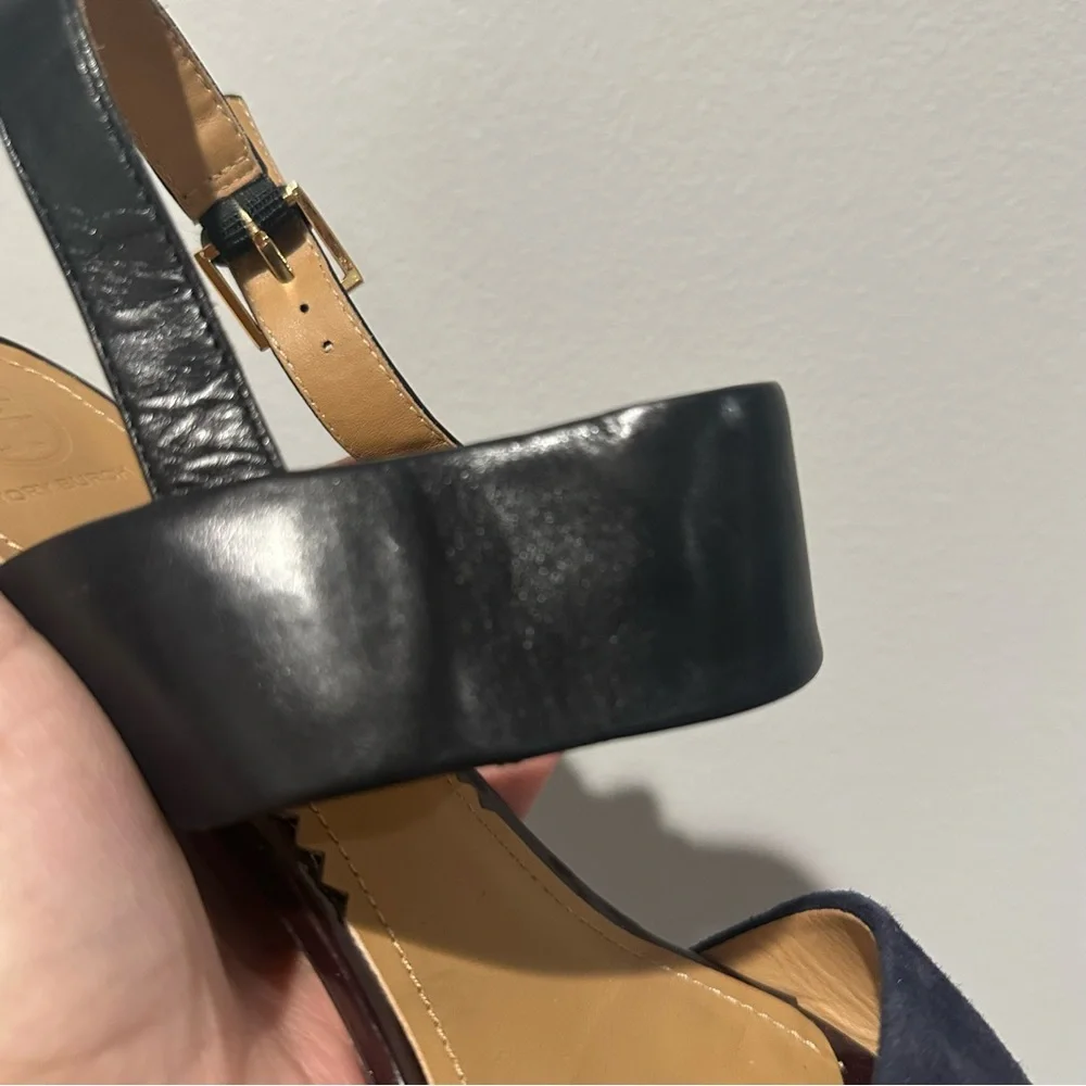 Tory Burch Gigi T Logo Black Midnight Blue Leather Sandal Size 9.5